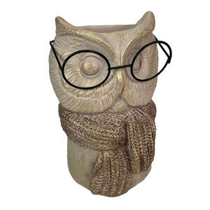 Bespectacled Owl Cement Vase 8.25" Gold Accents Knit Scarf Real Wire Glasses